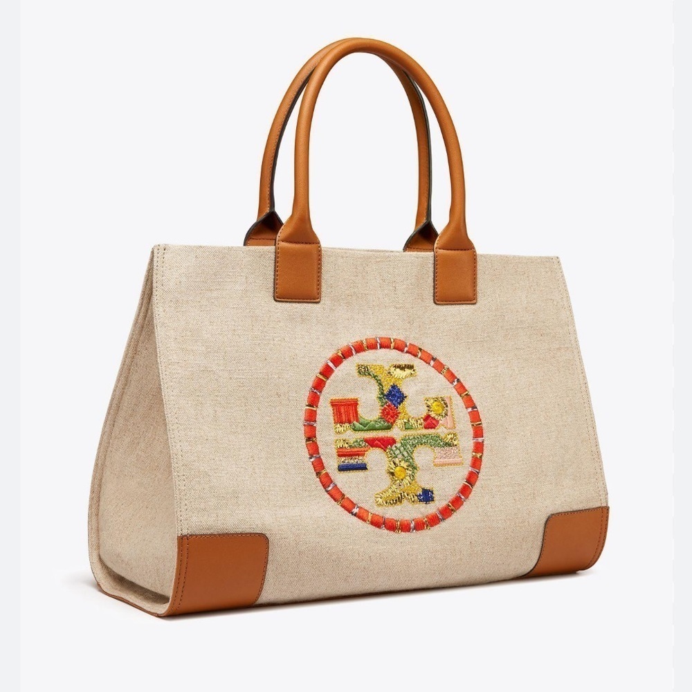 Tory Burch Natural Canvas Tote with Tan Leather Trim and Multicolor Embroidery